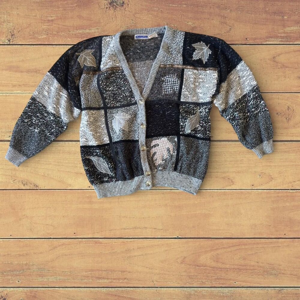 90s Mariea Kim black & grey wool blend patchwork leaves cardigan Size M